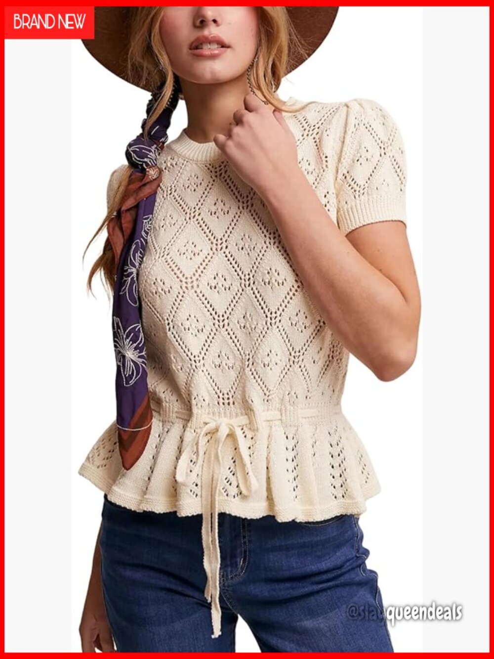 Crochet Knit Peplum Sweater Lightweight Tie Front Tops